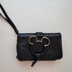 Black Wristlet Crossbody Bag with Gold Mouse Ring Accent
